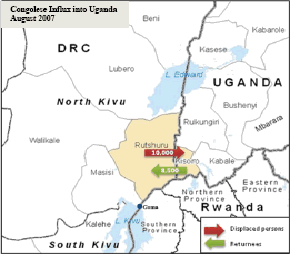 On Tuesday 21 August some 10,000 displaced Congolese crossed the border from Rutshuru area in eastern DRC's north Kivu province into the Ugandan district of Kisoro in southwestern Uganda. While the majority numbering approximately 8,500 persons had returned home two days later on 23 August, approximately 1,500 Congolese remained in Uganda, the majority of them being women and children.