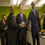 Joseph Kabila, Ban Ki-moon and Paul Kagame meet at the UN on 27 September 2012