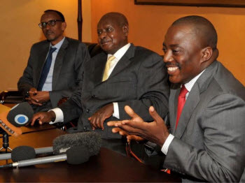 Presidents Joseph Kabila, Yoweri Museveni and Paul Kagame in Kampala, Uganga, last week