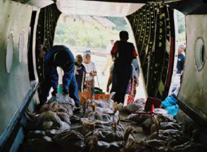 Sacks of tin ore being loaded onto a plane near Bisie, for transportation to Goma